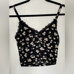 Black and white ditsy floral ribbed cropped lace-trim cotton stretch cami